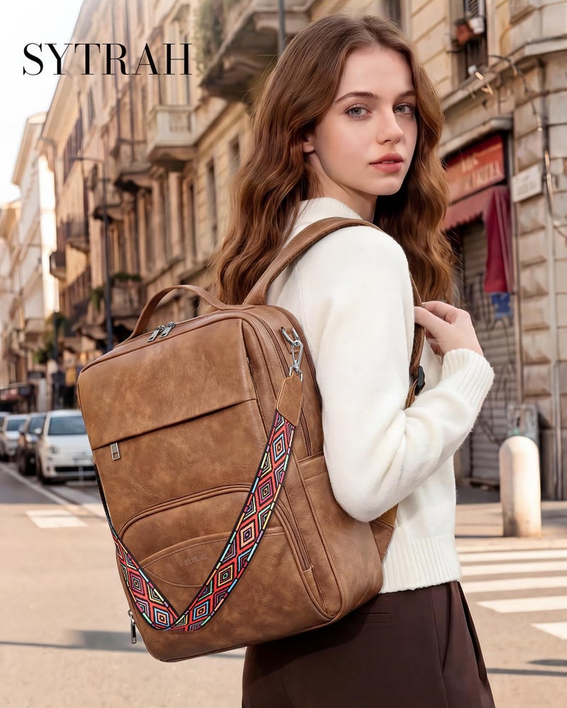 SYTRAH Leather Laptop Backpack for Women, 15.6 Inch Business Computer Bag, Designer College Backpack Travel Backpack with Colorful Shoulder Bag Strap Mocha Brown - Image 3
