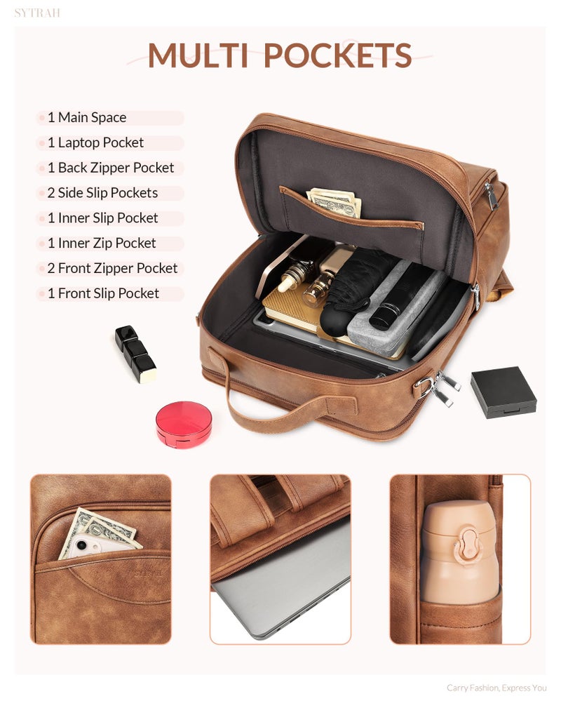 SYTRAH Leather Laptop Backpack for Women, 15.6 Inch Business Computer Bag, Designer College Backpack Travel Backpack with Colorful Shoulder Bag Strap Mocha Brown - Image 5