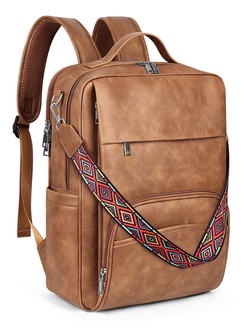 SYTRAH Leather Laptop Backpack for Women, 15.6 Inch Business Computer Bag, Designer College Backpack Travel Backpack with Colorful Shoulder Bag Strap Mocha Brown - Image 1