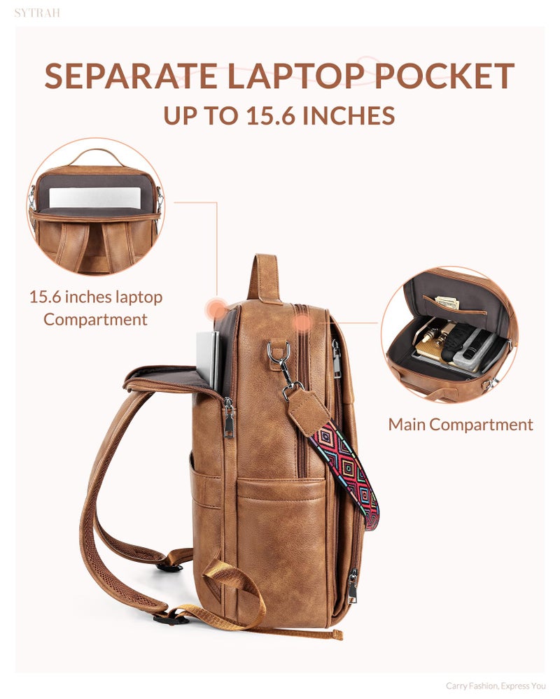 SYTRAH Leather Laptop Backpack for Women, 15.6 Inch Business Computer Bag, Designer College Backpack Travel Backpack with Colorful Shoulder Bag Strap Mocha Brown - Image 4