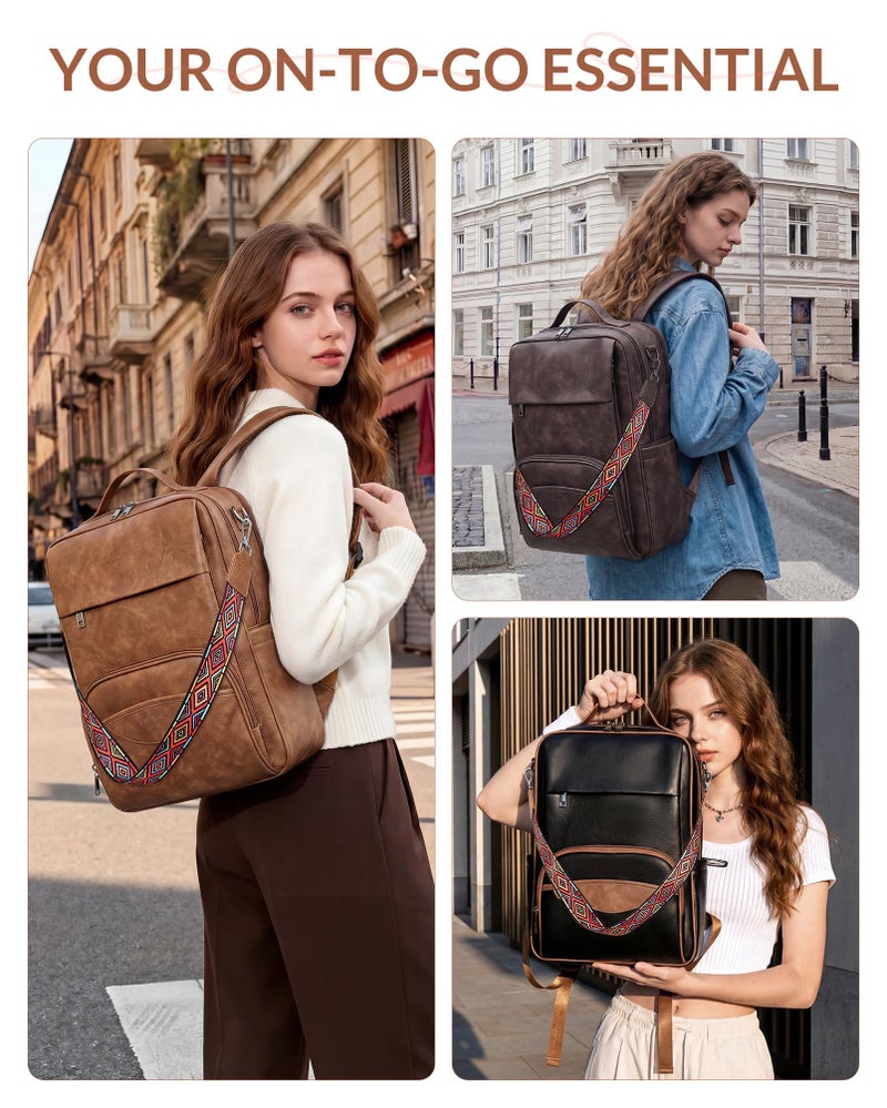 SYTRAH Leather Laptop Backpack for Women, 15.6 Inch Business Computer Bag, Designer College Backpack Travel Backpack with Colorful Shoulder Bag Strap Mocha Brown - Image 2