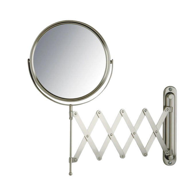 TWOSIDED WALLMOUNTED MAKEUP MIRROR MAKEUP MIRROR WITH 7X MAGNIFICATION EXTENDABLE ARM 8INCH DIAMETER MIRROR WITH NICKEL FINISH WALL MOUNT MODEL JP2027N