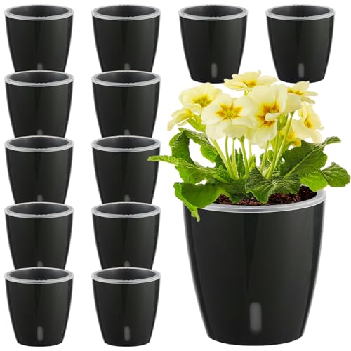 KvyusFlourish Self Watering Pots for Indoor Plants, 12-Pack 5'' Self Watering Planter with Drainage Holes, Small African Violet Pots with Water Level Indicator, Clear Wick Pot, Black - Image 1