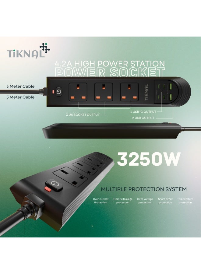 TIKNAL Power Strip 3250W – 3m Cable – 3 UK Plugs, 2 USB Ports, 4 USB-C Ports with Surge Protection - Image 2