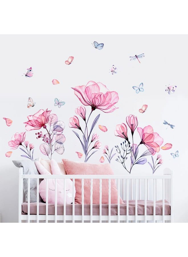 Prabahdak Pink Flowers Wall Decals Removable Butterflies Floral Floral Wall Stickers DIY Vinyl Self Adhesive Wall Mural for Nursery TV Background Kids Gilrs Rooms Bedroom Decoration - Image 1