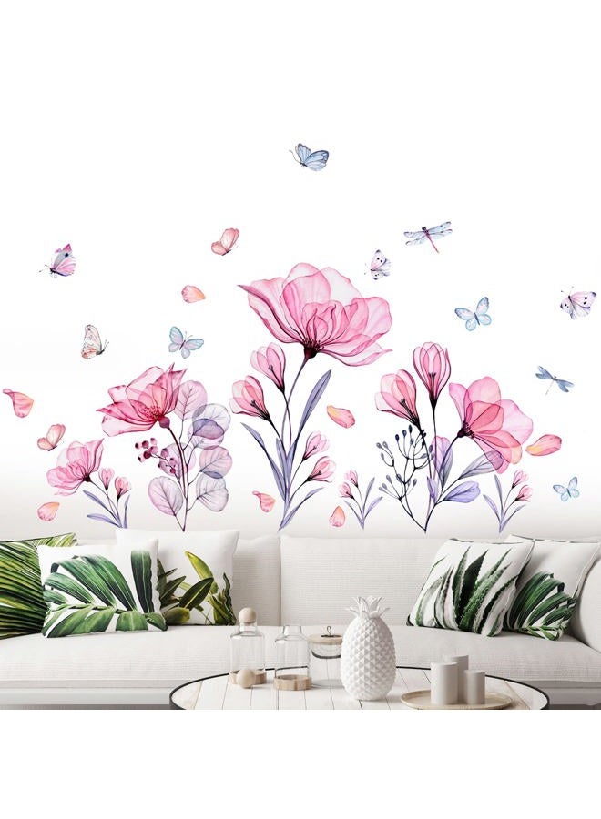 Prabahdak Pink Flowers Wall Decals Removable Butterflies Floral Floral Wall Stickers DIY Vinyl Self Adhesive Wall Mural for Nursery TV Background Kids Gilrs Rooms Bedroom Decoration - Image 2
