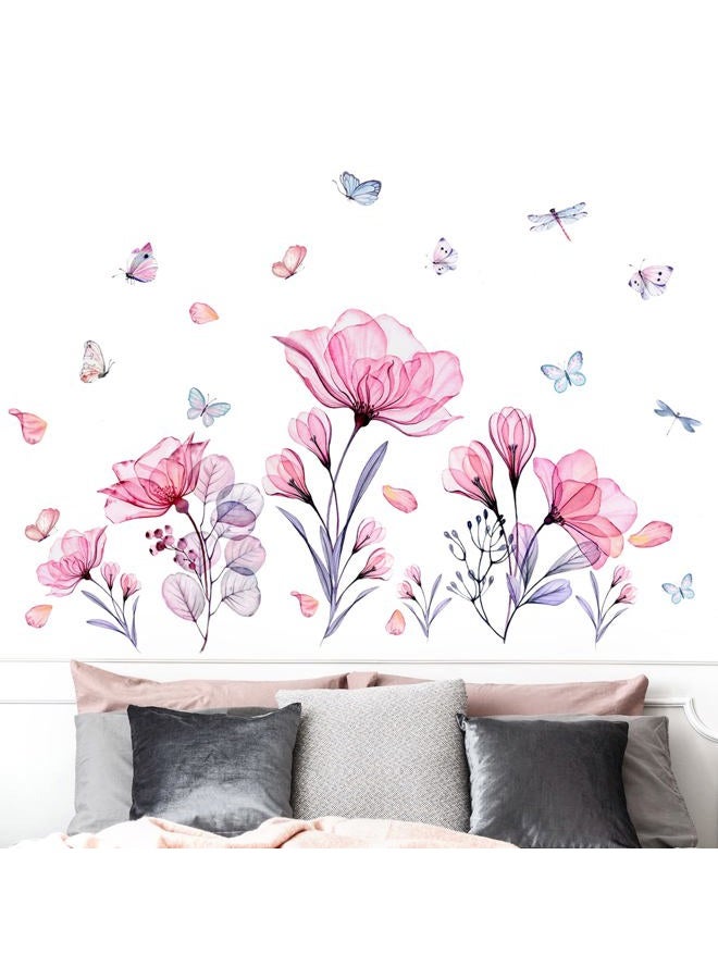 Prabahdak Pink Flowers Wall Decals Removable Butterflies Floral Floral Wall Stickers DIY Vinyl Self Adhesive Wall Mural for Nursery TV Background Kids Gilrs Rooms Bedroom Decoration - Image 3