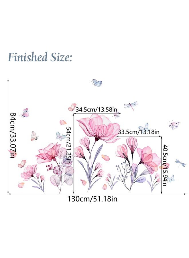 Prabahdak Pink Flowers Wall Decals Removable Butterflies Floral Floral Wall Stickers DIY Vinyl Self Adhesive Wall Mural for Nursery TV Background Kids Gilrs Rooms Bedroom Decoration - Image 5