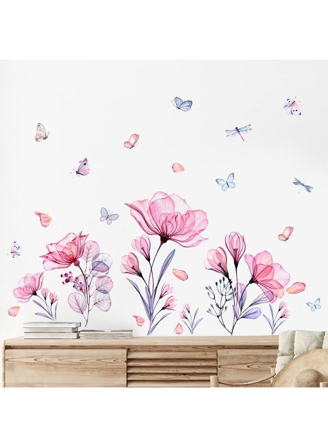 Prabahdak Pink Flowers Wall Decals Removable Butterflies Floral Floral Wall Stickers DIY Vinyl Self Adhesive Wall Mural for Nursery TV Background Kids Gilrs Rooms Bedroom Decoration - Image 4