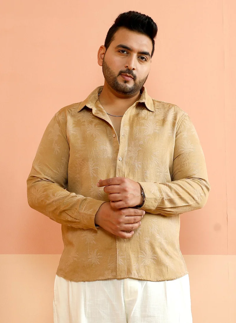 Instafab Plus Instafab Plus Men's Camel Brown Palm-Jacquard Shirt For Casual Wear | Spread Collar | Long Cuffed Sleeves | Button Closure | Plus Size Shirt Crafted With Comfort Fit For Everyday Wear