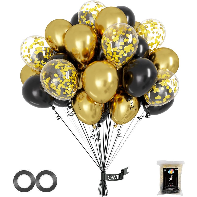 OWill Black and Gold Confetti Balloons 100pcs 12 Inches Black and Gold Balloons for Birthdays Graduation Decorations Weddings Arches Garlands Party Decorations - Image 2