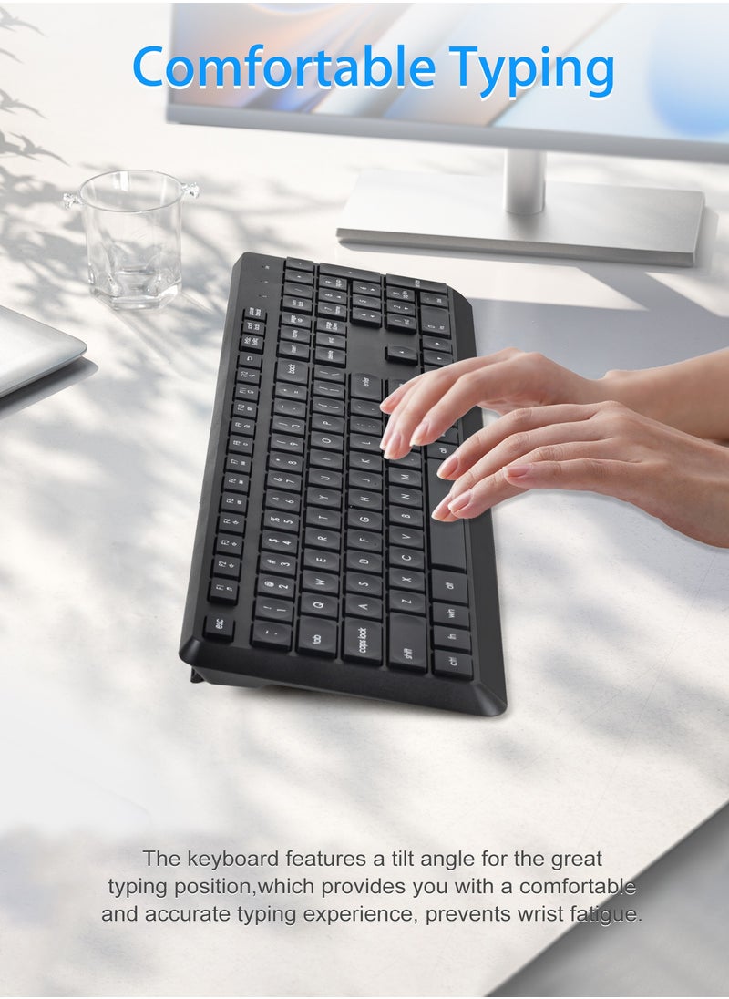 HUO JI - 2.4 GHz Wireless Silent Keyboard and Mouse Combo for Windows Chrome Laptop Computer PC Desktop, 106 Keys Full Size with Number Pad, 1600 DPI Optical Mouse (Black) - Image 1