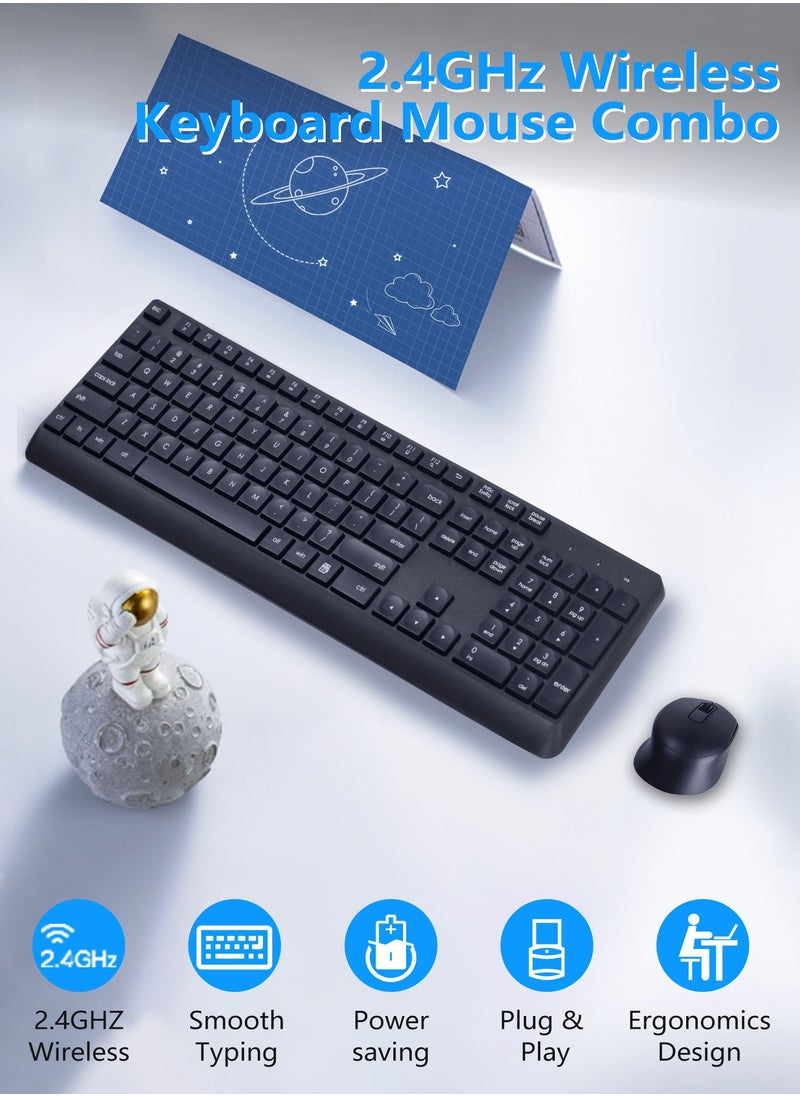 HUO JI - 2.4 GHz Wireless Silent Keyboard and Mouse Combo for Windows Chrome Laptop Computer PC Desktop, 106 Keys Full Size with Number Pad, 1600 DPI Optical Mouse (Black) - Image 1
