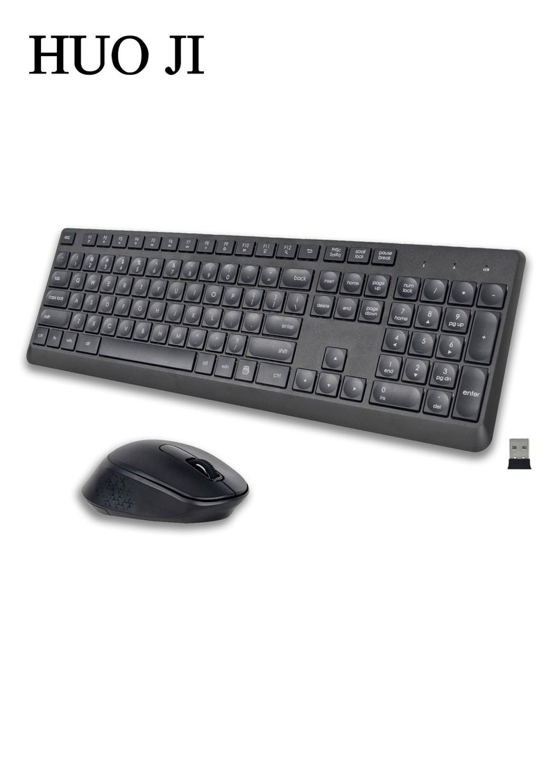 HUO JI - 2.4 GHz Wireless Silent Keyboard and Mouse Combo for Windows Chrome Laptop Computer PC Desktop, 106 Keys Full Size with Number Pad, 1600 DPI Optical Mouse (Black) - Image 1