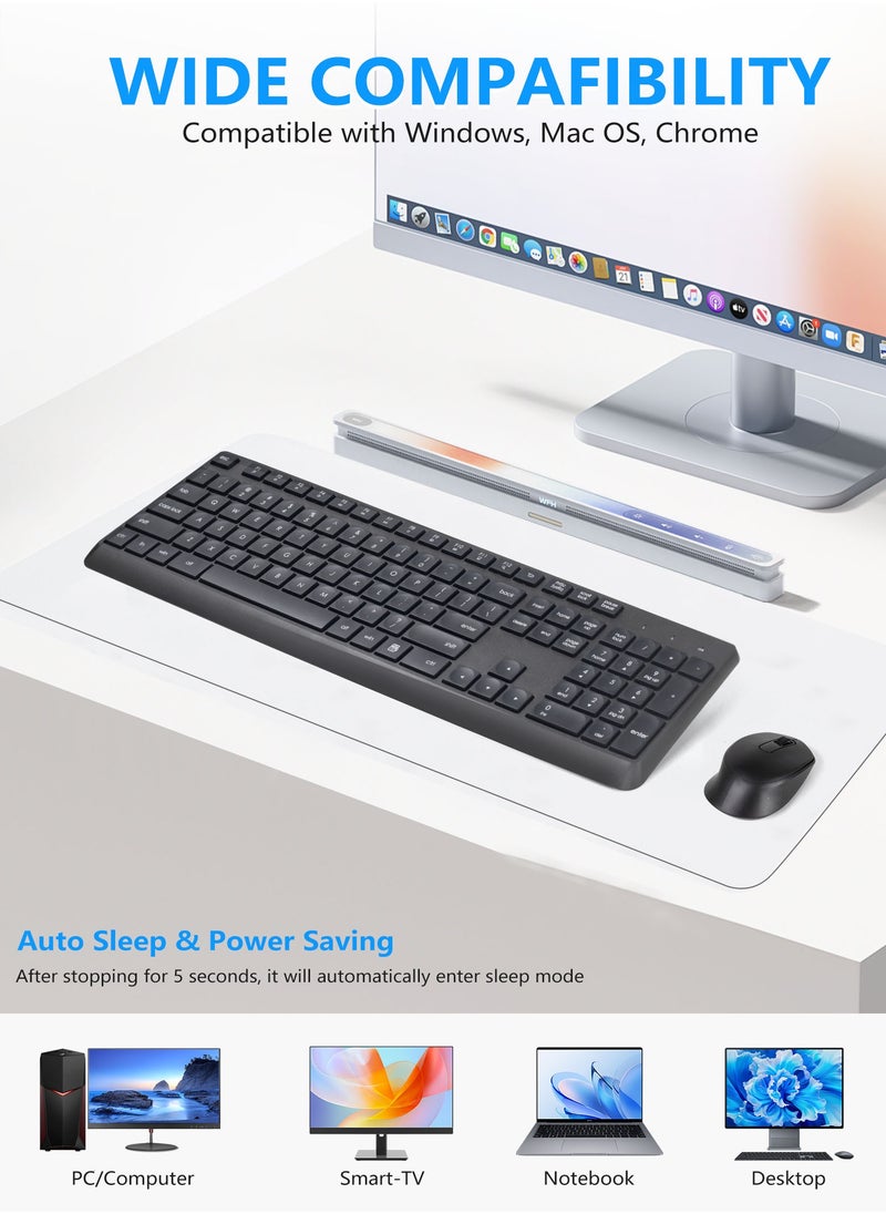 HUO JI - 2.4 GHz Wireless Silent Keyboard and Mouse Combo for Windows Chrome Laptop Computer PC Desktop, 106 Keys Full Size with Number Pad, 1600 DPI Optical Mouse (Black) - Image 1