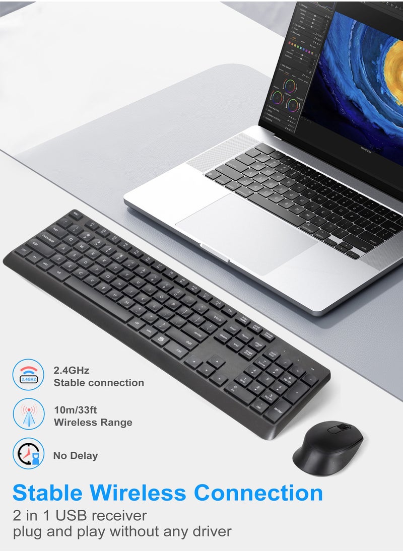 HUO JI - 2.4 GHz Wireless Silent Keyboard and Mouse Combo for Windows Chrome Laptop Computer PC Desktop, 106 Keys Full Size with Number Pad, 1600 DPI Optical Mouse (Black) - Image 1