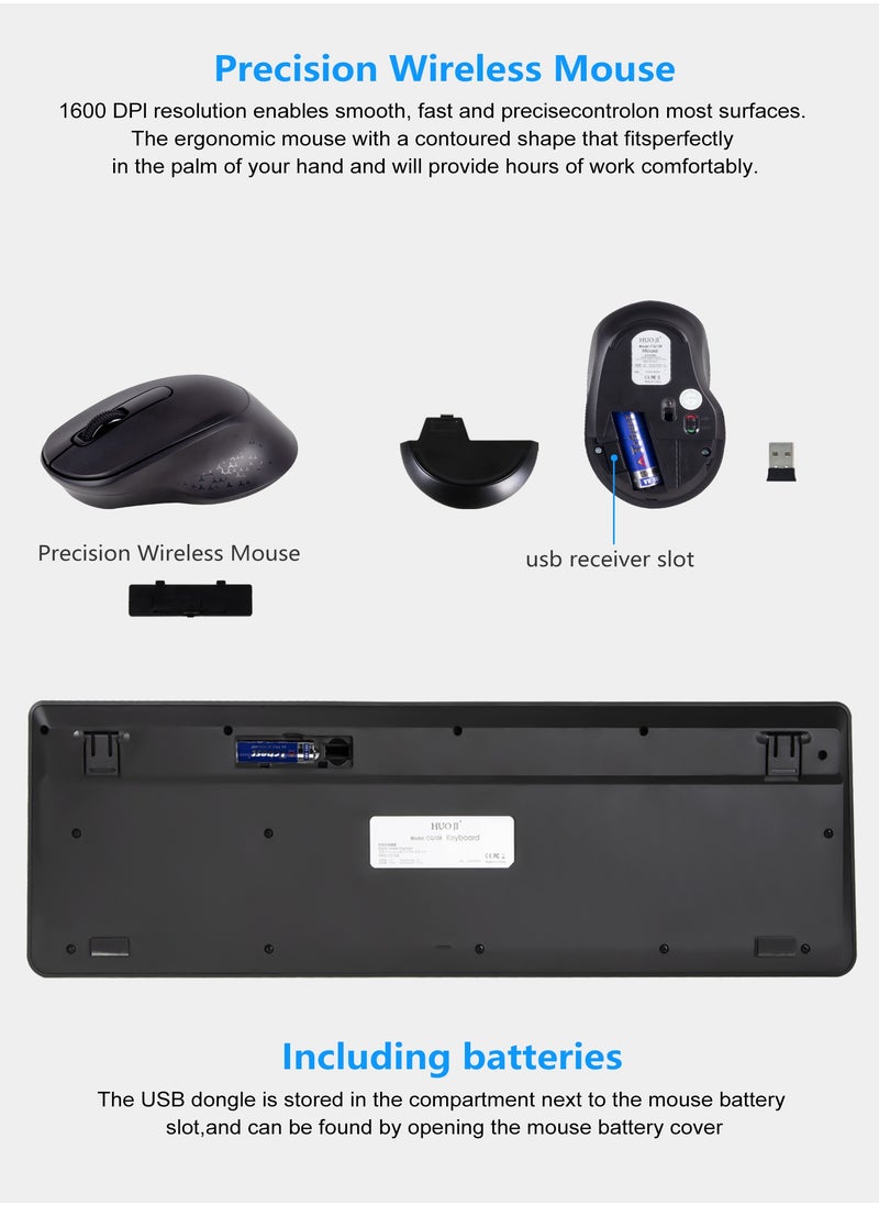 HUO JI - 2.4 GHz Wireless Silent Keyboard and Mouse Combo for Windows Chrome Laptop Computer PC Desktop, 106 Keys Full Size with Number Pad, 1600 DPI Optical Mouse (Black) - Image 1