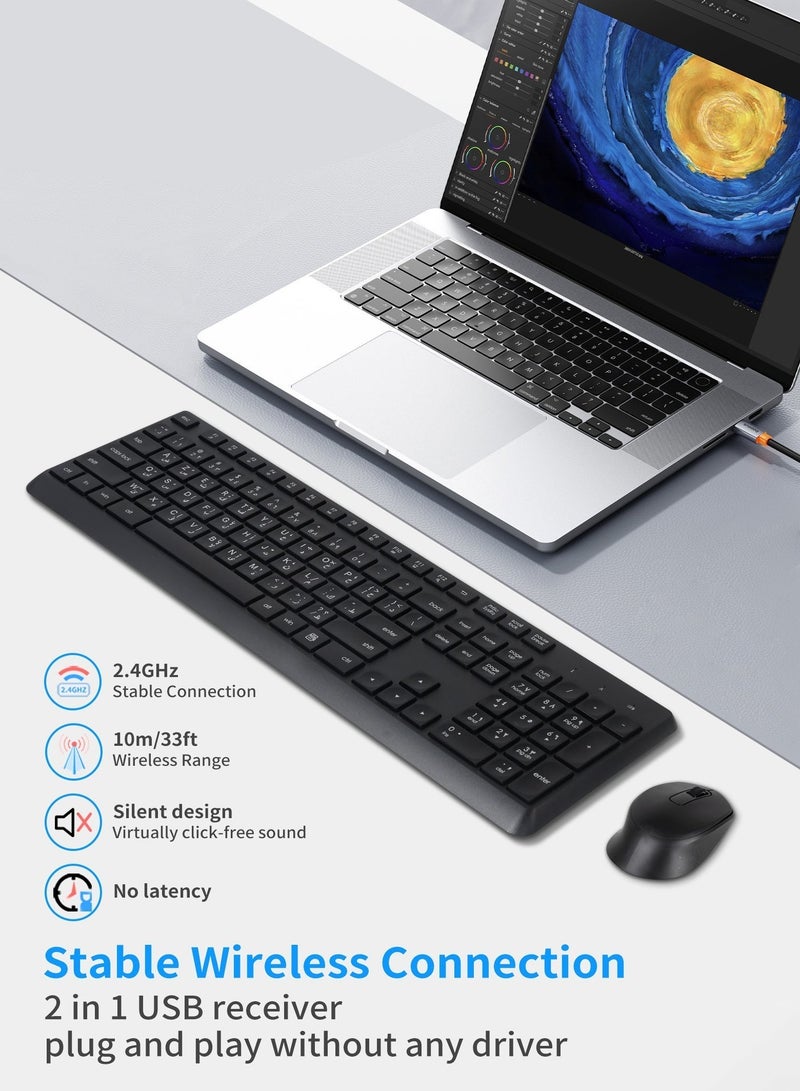 HUO JI 2.4 GHz Wireless Silent Keyboard and Mouse Combo for Windows Chrome Laptop Computer PC Desktop, 106 Keys Full Size with Number Pad, 1600 DPI Optical Mouse (Black) - Image 3