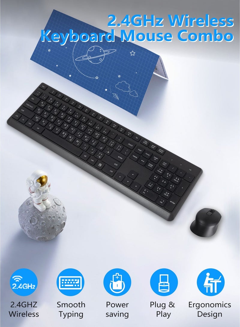 HUO JI 2.4 GHz Wireless Silent Keyboard and Mouse Combo for Windows Chrome Laptop Computer PC Desktop, 106 Keys Full Size with Number Pad, 1600 DPI Optical Mouse (Black) - Image 2