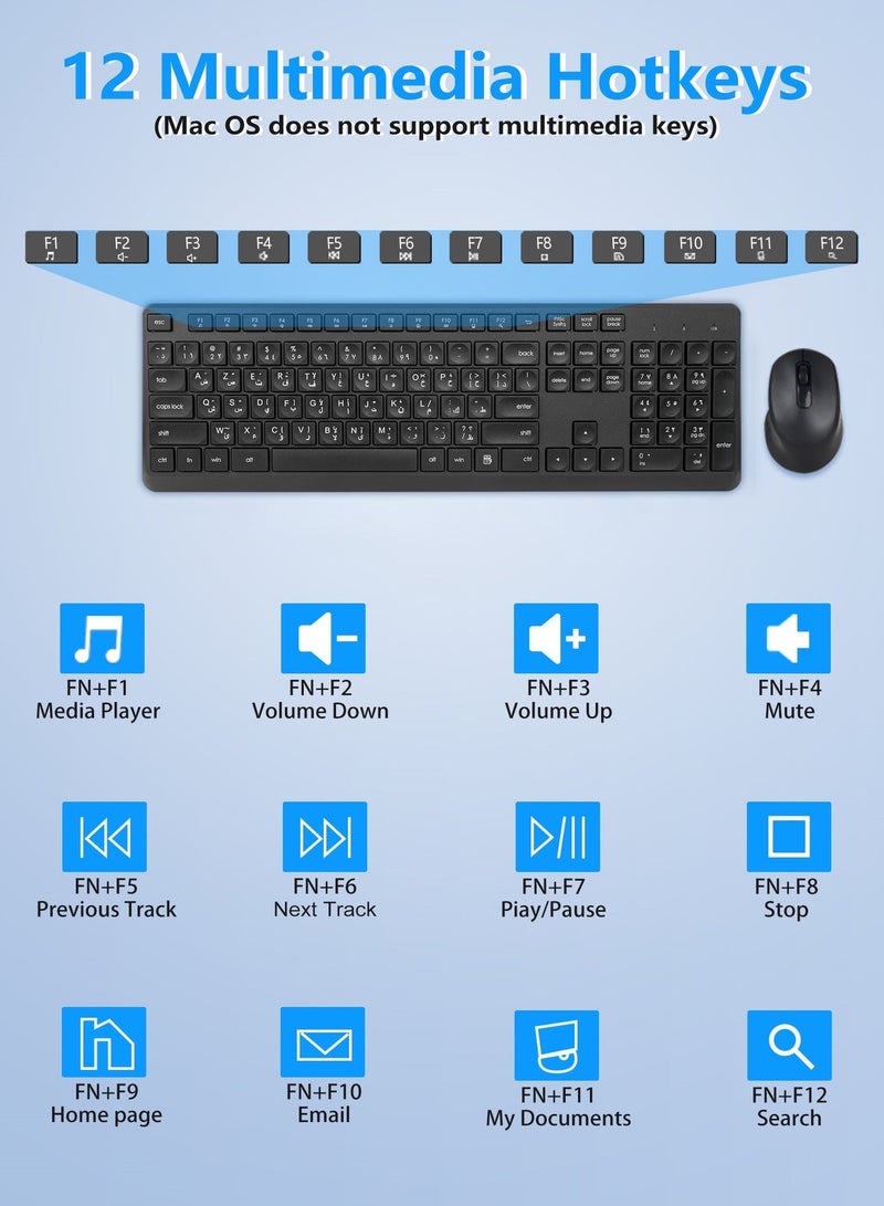 HUO JI 2.4 GHz Wireless Silent Keyboard and Mouse Combo for Windows Chrome Laptop Computer PC Desktop, 106 Keys Full Size with Number Pad, 1600 DPI Optical Mouse (Black) - Image 5