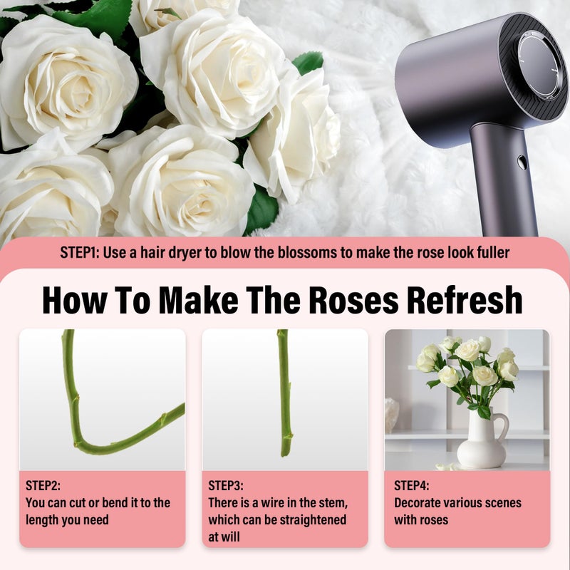 Pyopbow 20PCS Artificial Roses with Long Stems - Realistic Silk Flowers, Fake Roses Real Touch Bouquet of Roses for Valentine's Day, Home Decor, Bridal Wedding Party, Bulk Faux Rose Flowers (White Red) - Image 5