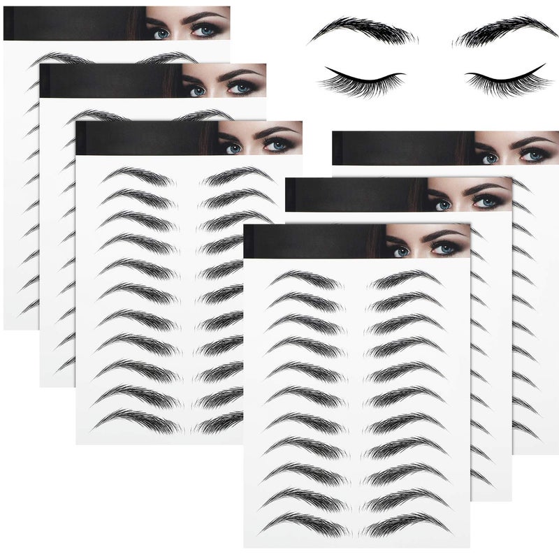 Blulu 6 Sheets 4d Hair-like Waterproof Eyebrow Tattoos Stickers Transfers Temporary Brow Tattoo Peel off Grooming Shaping Sticker in Arch Style, 66 Pairs Black(High Arch Eyebrow) - Image 1