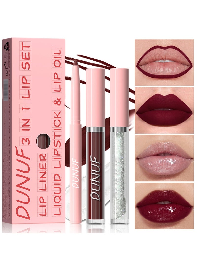 DUNUF 3-in-1 Lip Set, Lip Liner, Liquid Lipstick & Lip Oil,  High Pigment Matte to Gloss Finish, Long Lasting Waterproof Lip Color  #11 - Image 1
