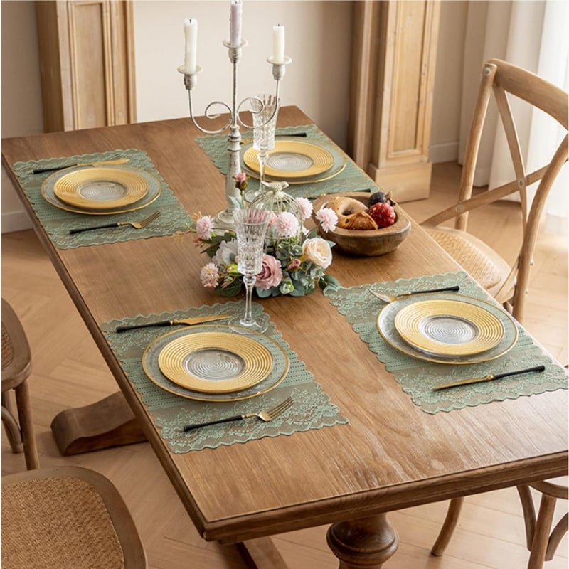 Wonesifee Lace Placemats Set of 2 Dinning Table Lace Place Mats with Striped and Floral Design Vintage Lunchmat Doilies Hollow Vase Mat for Home Kitchen Decoration Rustic Boho Cloth Romantic WeddingGreen - Image 4