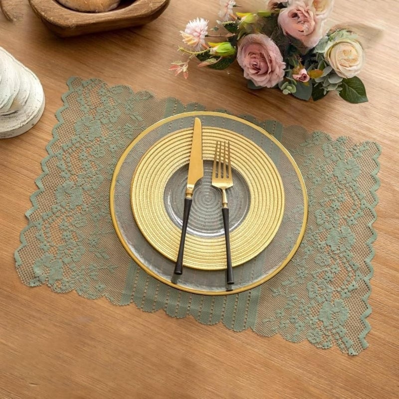 Wonesifee Lace Placemats Set of 2 Dinning Table Lace Place Mats with Striped and Floral Design Vintage Lunchmat Doilies Hollow Vase Mat for Home Kitchen Decoration Rustic Boho Cloth Romantic WeddingGreen - Image 2