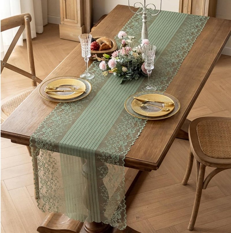 Wonesifee Lace Placemats Set of 2 Dinning Table Lace Place Mats with Striped and Floral Design Vintage Lunchmat Doilies Hollow Vase Mat for Home Kitchen Decoration Rustic Boho Cloth Romantic WeddingGreen - Image 5
