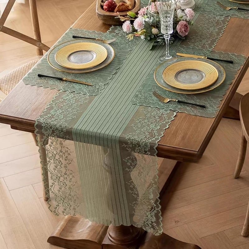 Wonesifee Lace Placemats Set of 2 Dinning Table Lace Place Mats with Striped and Floral Design Vintage Lunchmat Doilies Hollow Vase Mat for Home Kitchen Decoration Rustic Boho Cloth Romantic WeddingGreen - Image 3