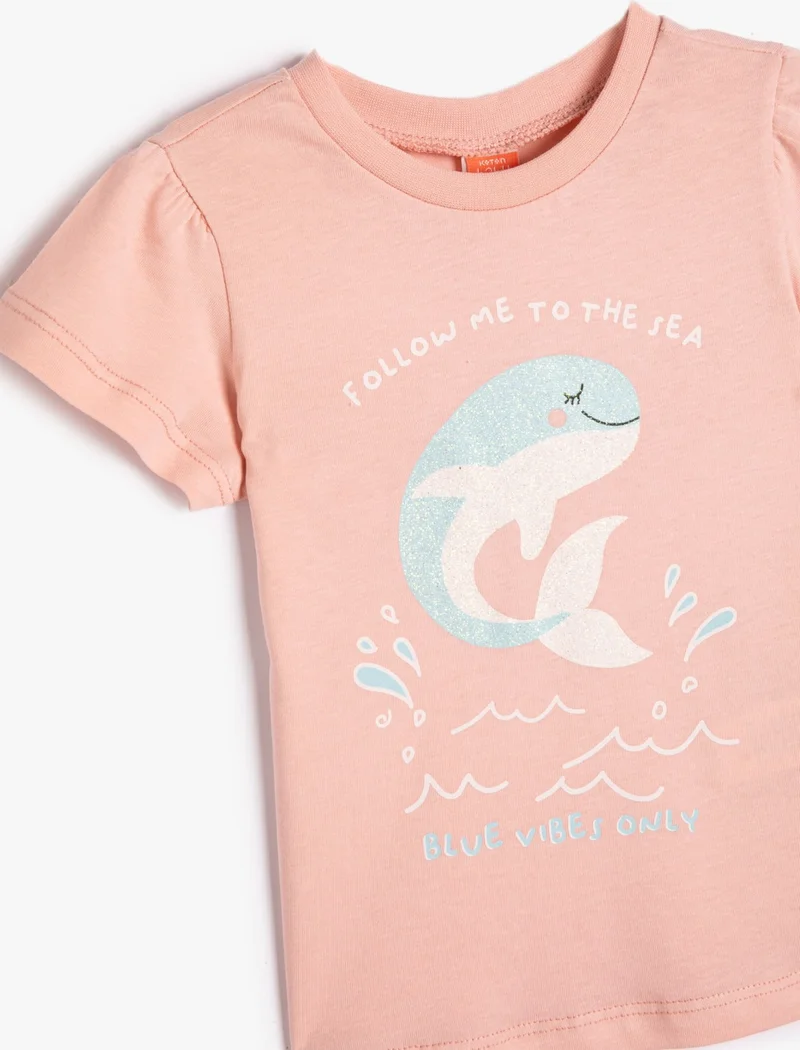 KOTON T-Shirt Short Sleeve Crew Neck Whale Printed Lurex Cotton