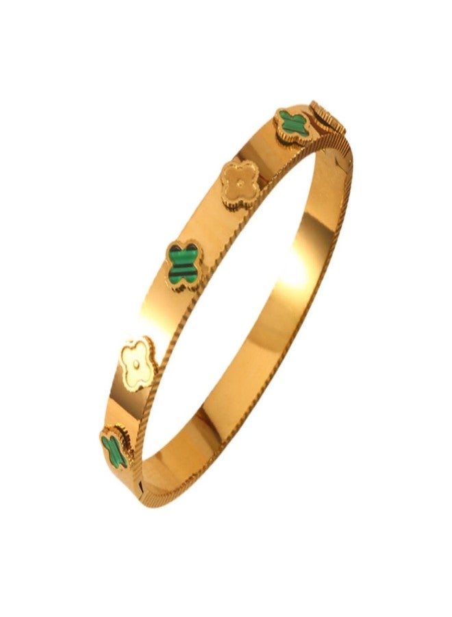Aaishwarya 18K Gold Plated Green & Gold Clover Open Bangle Bracelet | Waterproof Anti-Tarnish Titanium Steel | Gift for Women and Girls | Minimal Statement Bracelet | Office wear Jewelry - Image 1