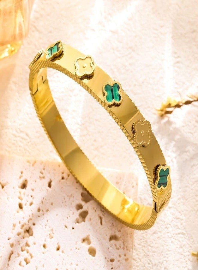 Aaishwarya 18K Gold Plated Green & Gold Clover Open Bangle Bracelet | Waterproof Anti-Tarnish Titanium Steel | Gift for Women and Girls | Minimal Statement Bracelet | Office wear Jewelry - Image 3