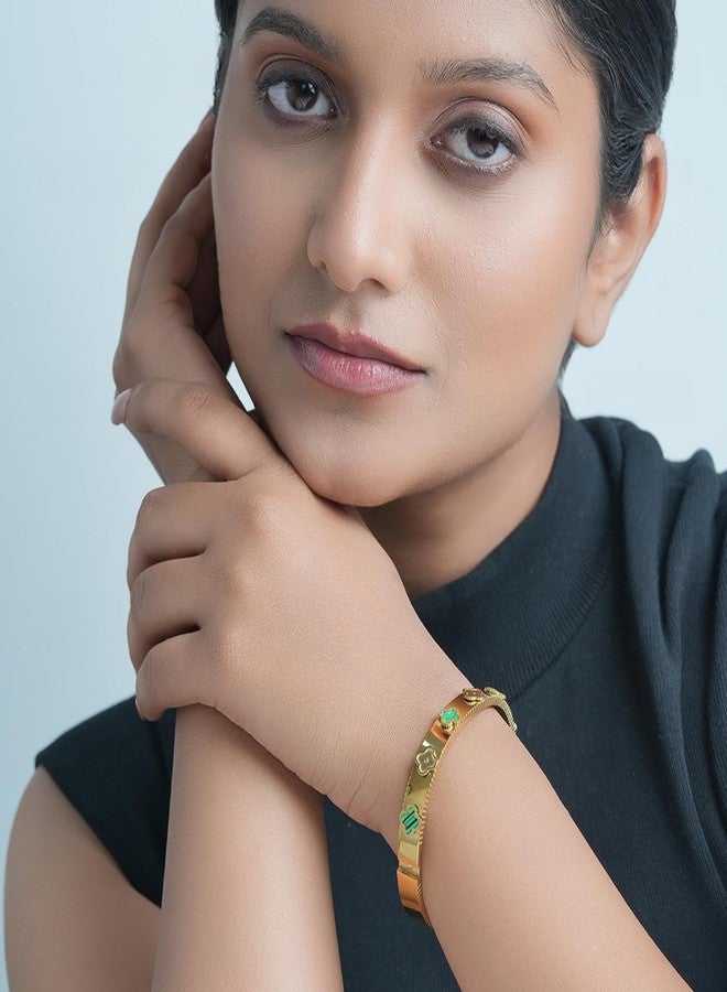 Aaishwarya 18K Gold Plated Green & Gold Clover Open Bangle Bracelet | Waterproof Anti-Tarnish Titanium Steel | Gift for Women and Girls | Minimal Statement Bracelet | Office wear Jewelry - Image 2