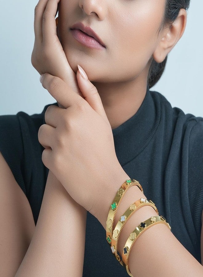 Aaishwarya 18K Gold Plated Green & Gold Clover Open Bangle Bracelet | Waterproof Anti-Tarnish Titanium Steel | Gift for Women and Girls | Minimal Statement Bracelet | Office wear Jewelry - Image 5