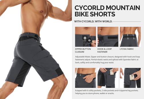 Cycorld Mens-Mountain-Bike-Shorts, Loose Fit with Zippered Pockets, Cycling, Hiking, Cargo, Outdoor Lightweight Shorts (Dark Grey, Large) - Image 5