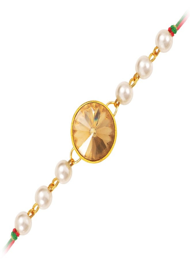 Peora Mens Rakhshabandhan Thread Rakhi for Brother Bhaiya|Pearl & Crystal Studded|Rakhi Hamper Roli Chawal & Greeting Card - Image 1