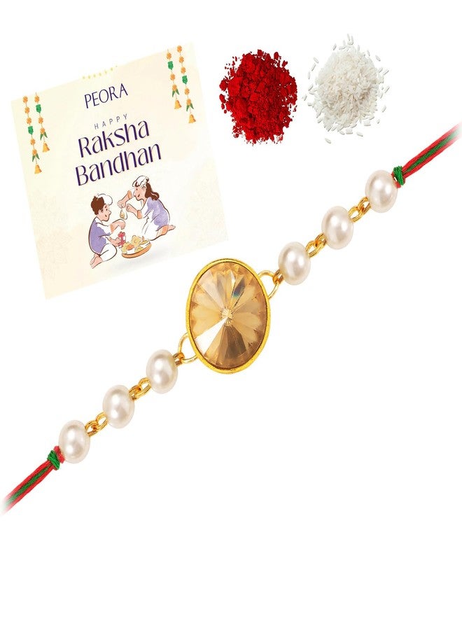 Peora Mens Rakhshabandhan Thread Rakhi for Brother Bhaiya|Pearl & Crystal Studded|Rakhi Hamper Roli Chawal & Greeting Card - Image 2
