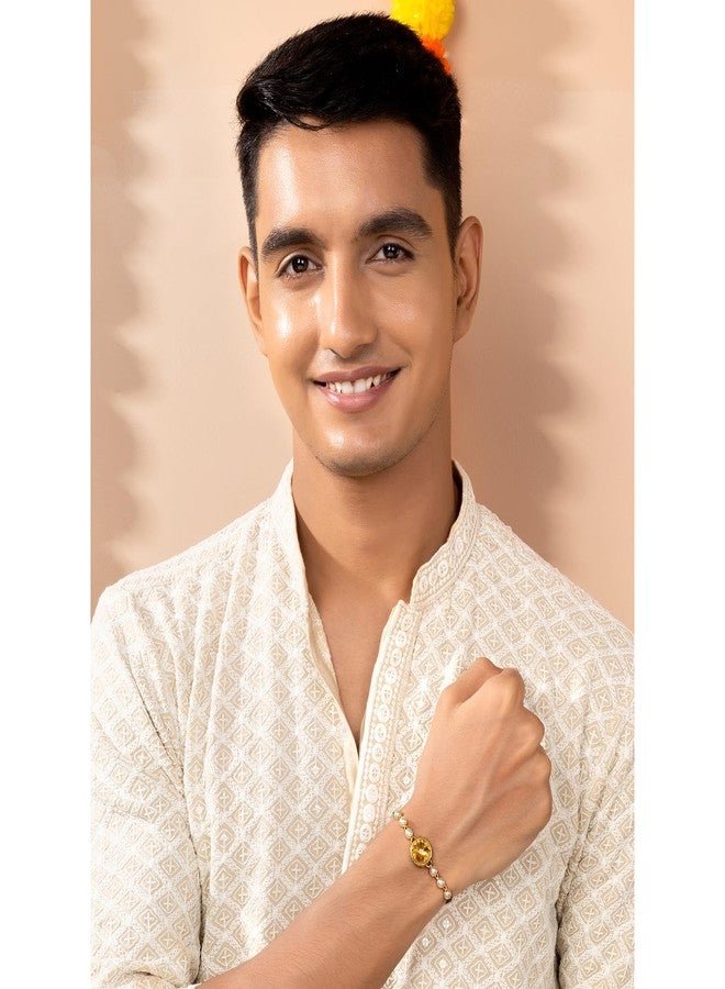 Peora Mens Rakhshabandhan Thread Rakhi for Brother Bhaiya|Pearl & Crystal Studded|Rakhi Hamper Roli Chawal & Greeting Card - Image 4