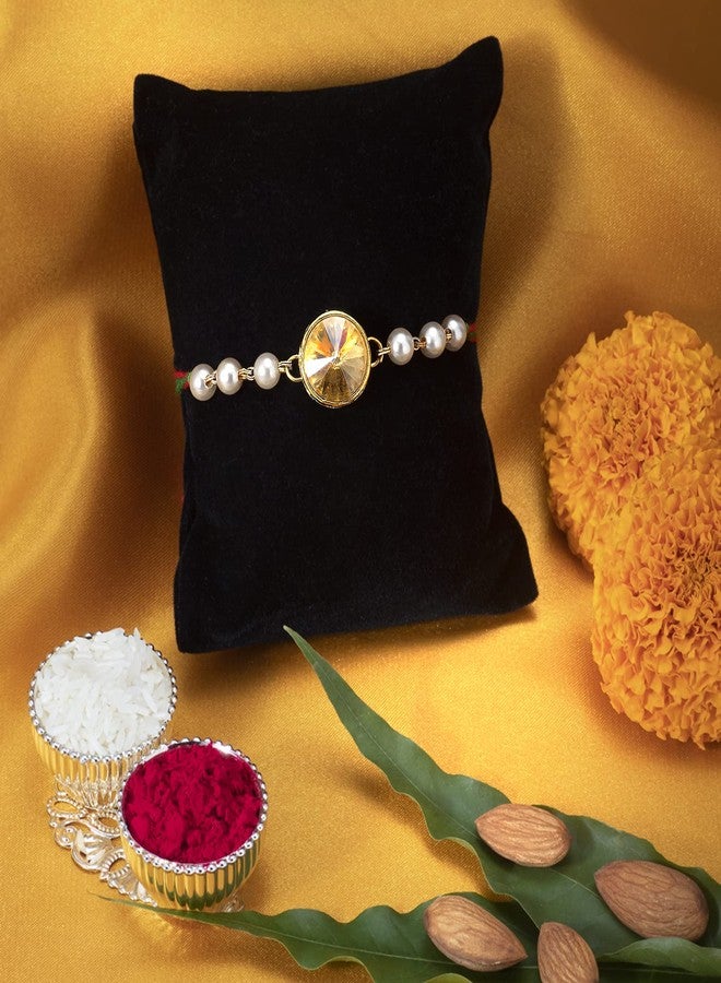 Peora Mens Rakhshabandhan Thread Rakhi for Brother Bhaiya|Pearl & Crystal Studded|Rakhi Hamper Roli Chawal & Greeting Card - Image 3