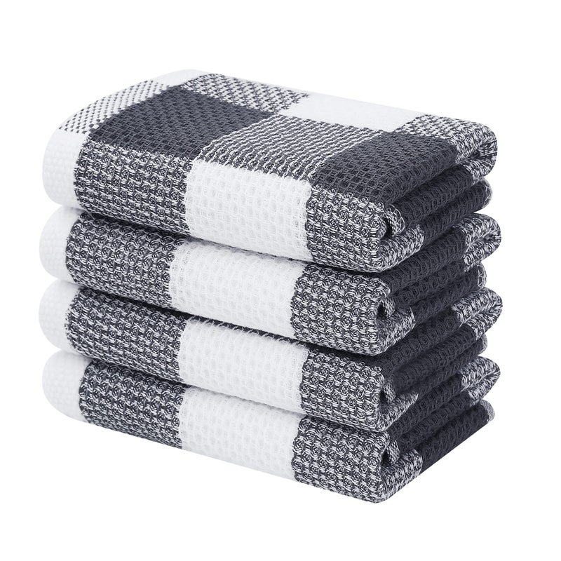 Homaxy 100 Cotton Waffle Weave Check Plaid Kitchen Towels 13 x 28 Inches Super Soft and Absorbent Dish Towels for Drying Dishes 4Pack White  Dark Grey
