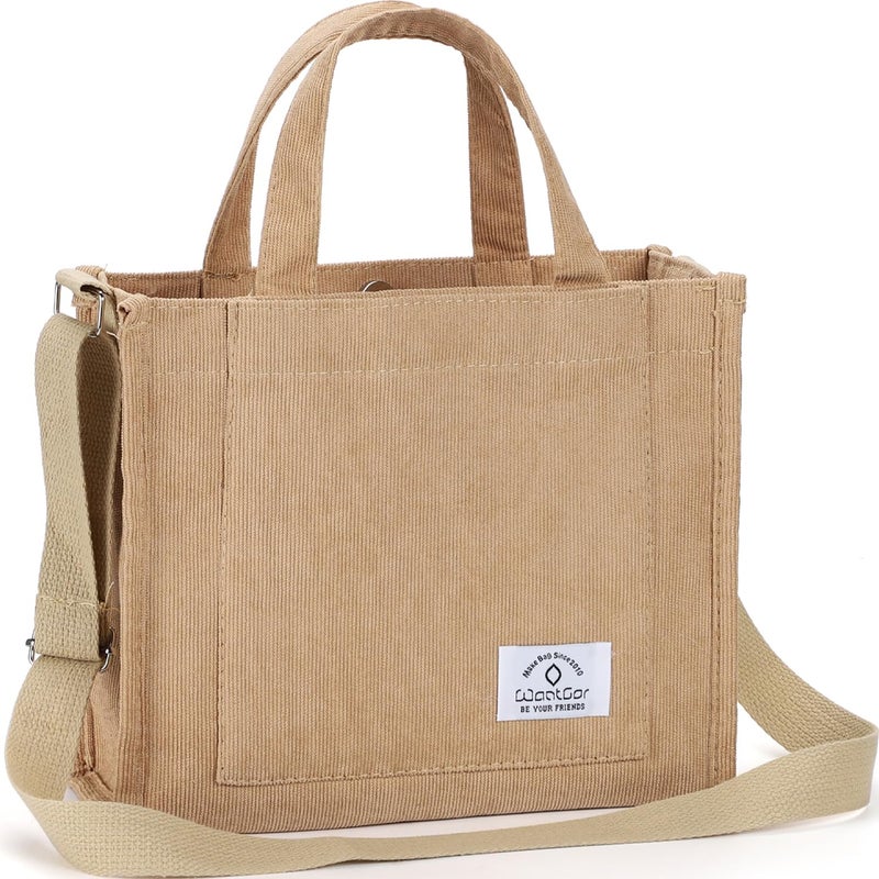 WantGor Tote Bag for Women, Corduroy Crossbody Bags Shoulder Handbag Small Satchel Hobo Bag Purse (Khaki, Small) - Image 1