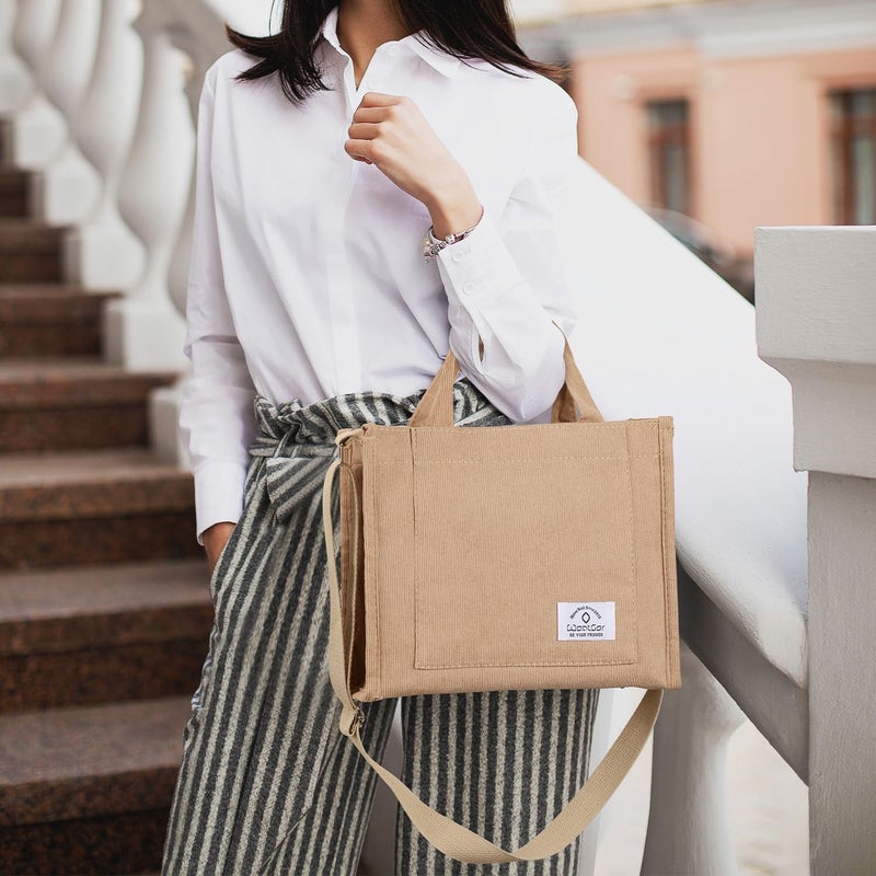 WantGor Tote Bag for Women, Corduroy Crossbody Bags Shoulder Handbag Small Satchel Hobo Bag Purse (Khaki, Small) - Image 2