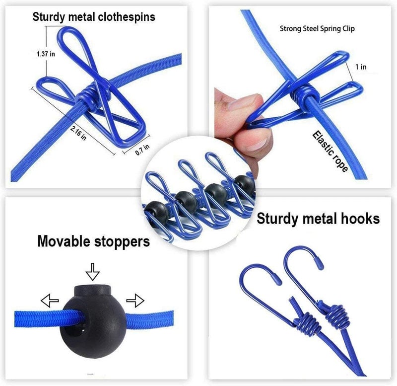 Veloxi EXIM Cloth Drying Rope with Hooks Elastic Hanging Rope for Travel Home and Outdoor Drying Includes 12 ClipsKapde Sukhane ki Rassi Wire Pack of 2 Multicolour - Image 2