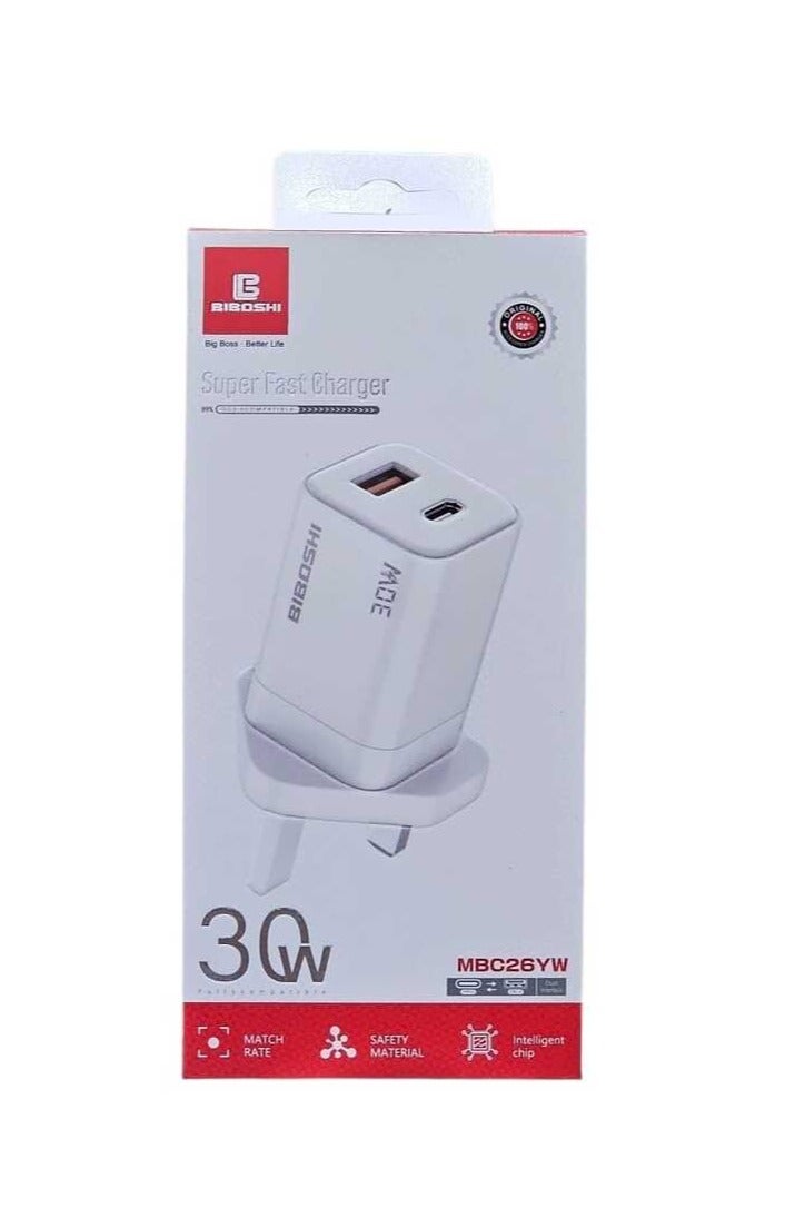 Biboshi 30W Dual Port Fast Wall Charger with USB Port and Type C Port White
