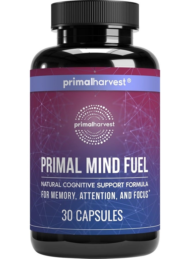 Brain Supplement by Primal Harvest, Primal Mind Fuel Brain Booster for Focus, Energy, Clarity, and Brain Health 30 Capsules Nootropics Brain Support Supplement for Men and Women