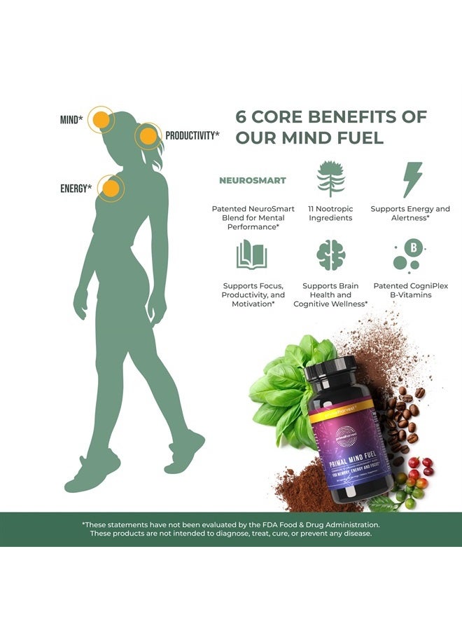 Brain Supplement by Primal Harvest, Primal Mind Fuel Brain Booster for Focus, Energy, Clarity, and Brain Health 30 Capsules Nootropics Brain Support Supplement for Men and Women
