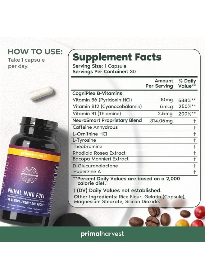 Brain Supplement by Primal Harvest, Primal Mind Fuel Brain Booster for Focus, Energy, Clarity, and Brain Health 30 Capsules Nootropics Brain Support Supplement for Men and Women