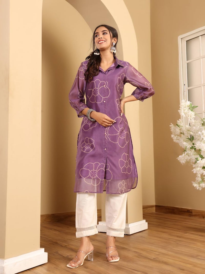 Varanga Women Premium Bandhani Floral Printed Shirt Kurta Purple - Image 3